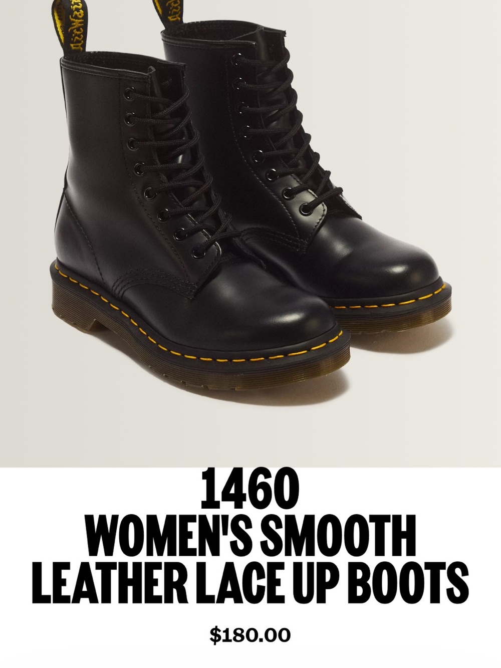 Dr. Martens 1460Women's Black Smooth Leather Lace-Up Boots with Yellow Stitching